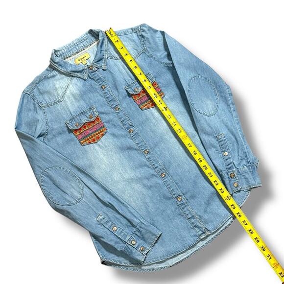 Beulah Womens Southwestern Aztec Embroidered Chambray Denim Button Up Shirt Med - Picture 14 of 16
